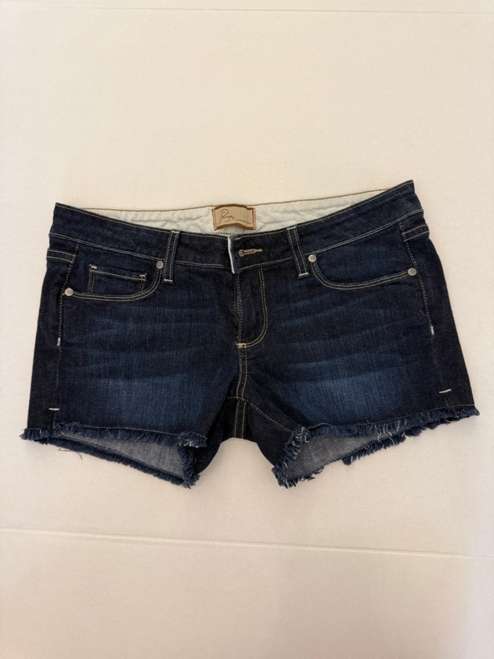 PAIGE Dark Indigo Frayed Hem Jean Shorts